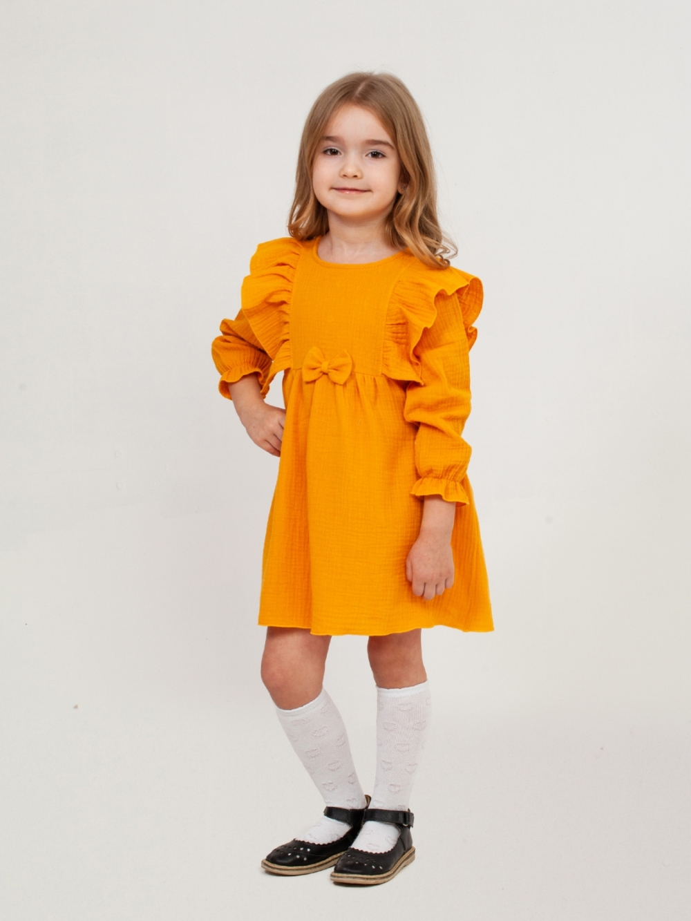 321-Я. Платье из муслина детское, хлопок 100% янтарный, р. 98,104,110,116