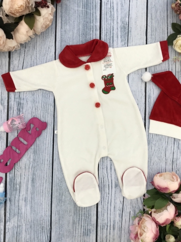 244. Комбинезон Санта, хлопок 80% велюр 20%  ПЭ, молочный 56,62,68